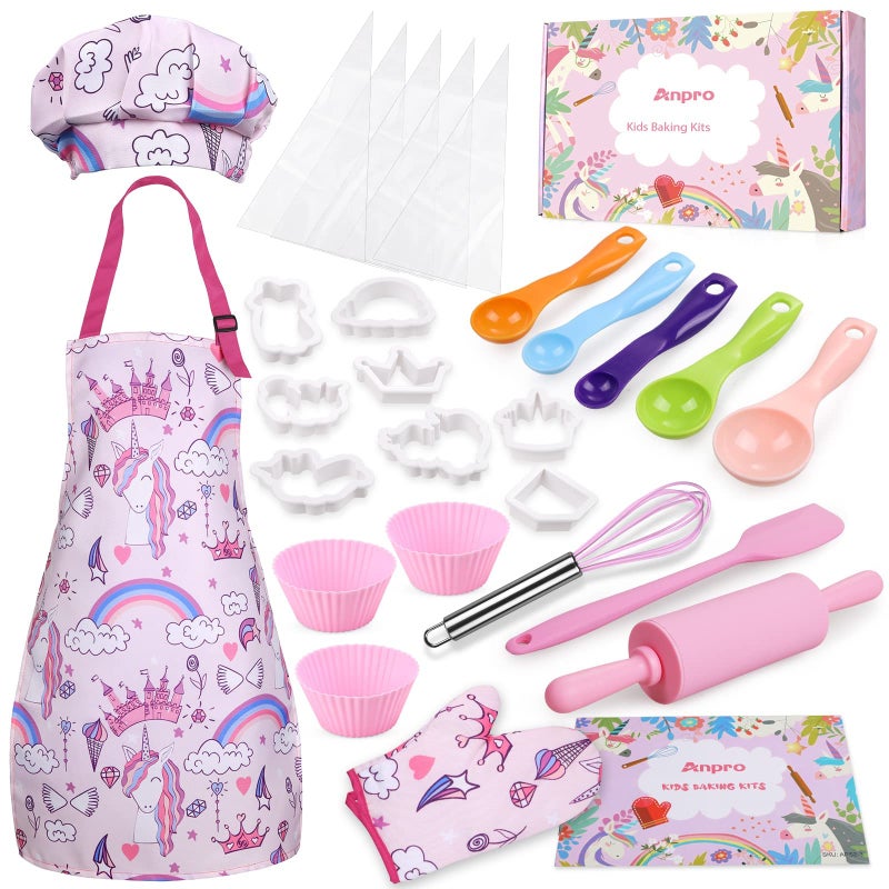 Anpro Complete Kids Cooking and Baking Set - 27 Pcs Includes Aprons for Girls  Chef Hat  Mitt & Utensil to Dress Up Chef Costume Career Role Play for 8-12 Years Girls - Image 1